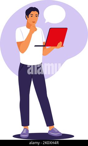 Mann, der mit einem Laptop steht. Büromitarbeiter, Remote-Job-Konzept. Vektorgrafik. Flach. Stock Vektor