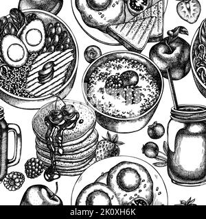 Frühstück nahtlose Muster Hintergrund-Design. Gravierte Ausführung. Handgezogene Pfannkuchen, Schüssel mit Avocado, Haferbrei mit Beeren, Spiegeleier, Himbeere Stock Vektor