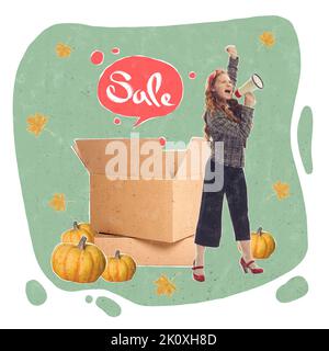 Flyer zur Förderung des Saisonverkaufs, schwarzer Freitag, Halloween-Konzept. Retro-Mode im Vintage-Stil. Einkaufen, Ideen, Inspiration, Geschäftssitz. Stockfoto