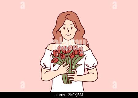 Porträt einer lächelnden Frau, die Blumen in den Händen hält. Glückliches Mädchen mit Blumenstrauß Gefühl glücklich Geburtstag Jubiläum zu feiern. Vektorgrafik. Stock Vektor