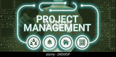 Textüberschrift mit einer Darstellung der Fähigkeiten des ProjektmanagementAnwendungsprozesses zur Erreichung von Zielen und Zielen. Business Approach Fähigkeiten des Anwendungsprozesses auf Stockfoto