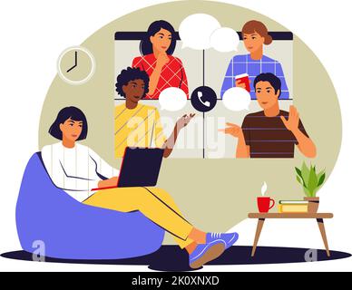 Remote-Teamkonzept. Online-Meeting im Team. Videokonferenz- und Webkommunikationskonzept. Vektorgrafik. Flach. Stock Vektor