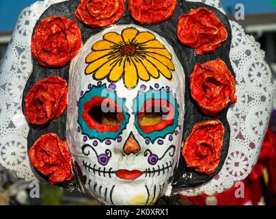 Bemalter menschlicher Schädel mit Blumen zum Tag der Toten in Mexiko. Nahaufnahme. Hochformat. Stockfoto