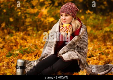 Porträt einer fröhlichen jungen Frau mit Herbstblättern vor der Laubherstellung Stockfoto
