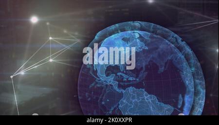 Bild des Globus über Netzwerk von Verbindungen und Datenverarbeitung Stockfoto