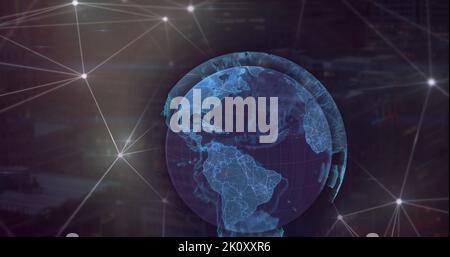 Bild des Globus über Netzwerk von Verbindungen und Datenverarbeitung Stockfoto