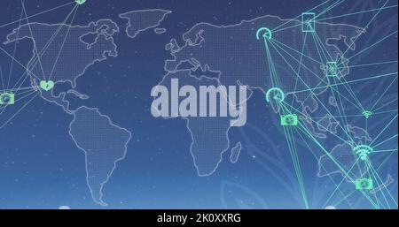 Abbildung des Globus mit Netzwerk von Verbindungen und Datenverarbeitung auf blauem Hintergrund Stockfoto