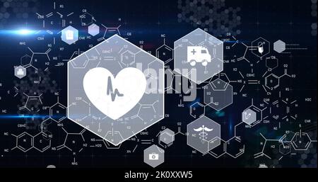 Abbildung von medizinischen Symbolen und chemischen Formeln mit Datenverarbeitung auf schwarzem Hintergrund Stockfoto