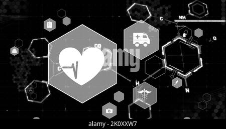 Abbildung von medizinischen Symbolen und chemischen Formeln mit Datenverarbeitung auf schwarzem Hintergrund Stockfoto