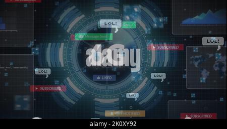 Bild der Datenverarbeitung über 6g Text- und Mediensymbole Stockfoto