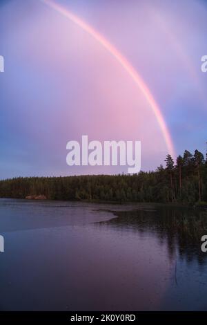 Regenbogen spiegelte sich im See, wenn es regnet. Im Hintergrund Wald, auf dem See Schilf und Seerosen. Naturfotos aus Schweden Stockfoto