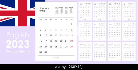 2023 Kalender in schlichtem Design. Vertikale Platten. Die Woche beginnt am Montag. Planner-Vorlage mit Platz für Notizen. Wand- oder Schreibtischstil. Jährliches Layout. Stock Vektor