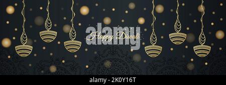Happy Diwali Luxus Golden Black Horizontal Website Header Vektor Illustration. Lichterketten und Diya. Banner-Design für die Feier des Hindu-Festivals. Stock Vektor