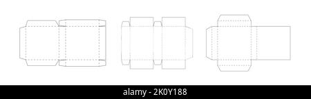 Vorlagensatz für Paketbox. Gestrichelte Linien von Papierverpackungen, geometrisches Modelllayout, schwarze dünne Vektorlinien auf weißem Hintergrund. Stock Vektor