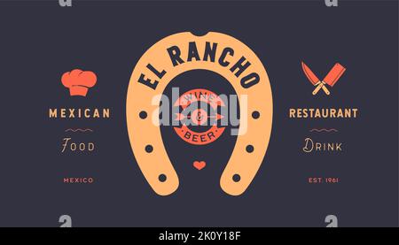 Logo Lucky Hufeisen. Text Mexikanisches Restaurant, goldenes Hufeisen, grafische und glückliche Symbole. Design-Element, Zeichnung, Vintage-Hipster-Stil, Band und Glück Glücksszeichen. Vektorgrafik Stock Vektor