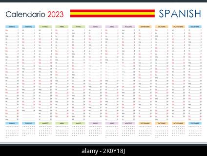 2023 Wandplaner auf Spanisch. Jahreskalender und Veranstalter. Einfaches Layout in Farbe. Vorlage für das Unternehmen und die Familie. Stock Vektor