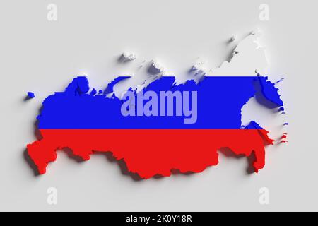 Extrudierte Karte des Landes Umriss von Russland mit Schatten auf weißem Hintergrund. Illustration der russischen geographischen Grenze Stockfoto