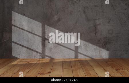 Minimalistisches, leeres Zimmer und Holzboden mit Licht vom Fenster. 3D Rendern Stockfoto