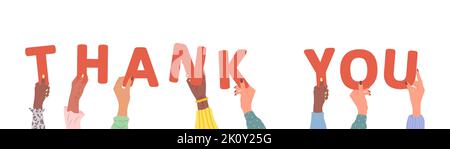 Gruppe verschiedener weiblicher Hände mit rotem Wort Danke. Verschiedene multiethnische Menschen sind zusammen. Vektor handgezeichnete Illustration im Cartoon-Stil Stock Vektor