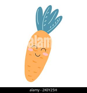 Niedliche Kawaii Karotte in Cartoon-Flat-Stil. Handgezeichnete Vektordarstellung von gesundem Gemüse mit glücklichem Gesicht, Veggie-Charakter für Poster, Postkarte Stock Vektor