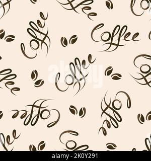 Handgezeichnete Vektor-Kalligraphie und einzigartige Pinsel Stift Schriftzug Wort Kaffee. Nahtloser Hintergrund mit Skripttext und Kaffeebohnen. Wiederholen Sie den Hintergrund für Stock Vektor