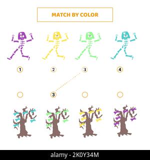 Spiel niedlichen Cartoon Skelett und Knochen nach Farbe. Spiel für Kinder. Stock Vektor