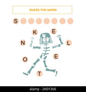 Erraten Sie das Wort. Pädagogisches Spiel für Kinder mit niedlichen Cartoon Skelett. Stock Vektor