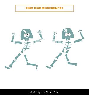 Finden Sie fünf Unterschiede zwischen Cartoon-Skelette. Lernspiel für Kinder. Stock Vektor