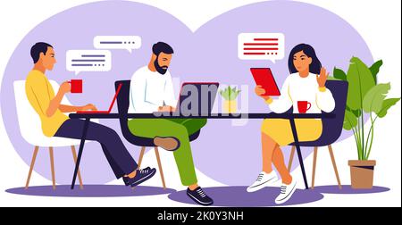 Kollegen arbeiten gemeinsam am Projekt. Das Business-Team arbeitet am großen Schreibtisch zusammen. Vektorgrafik. Flacher Style Stock Vektor