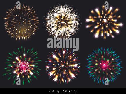 Set von isolierten Vektor-Feuerwerk auf dunklem Hintergrund Stock Vektor