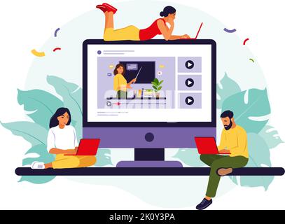 Gruppe von Studenten, die sich das Online-Webinar ansehen. Online-Bildungskonzept. Online Business School Konzept. Vektorgrafik. Flach. Stock Vektor
