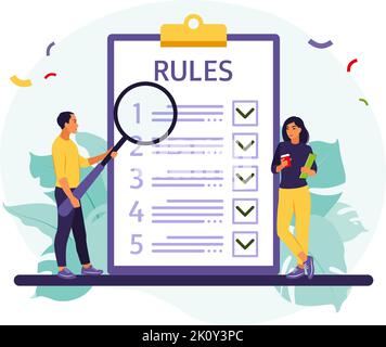Leute studieren Liste der Regeln, machen Checkliste, lesen Anleitung. Vektorgrafik. Flacher Style Stock Vektor