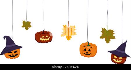 Festlicher Halloween Herbstrahmen mit Kürbisköpfen in spitzem Hut und Ahornblättern, die am Faden hängen. Pflanzenlaterne mit leuchtenden Augen und lächelnd im Mund. Vektorgrafik flach Stock Vektor
