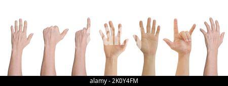 Gruppe von männlichen Händen Gesten isoliert auf weißem Hintergrund enthalten Clipping-Pfad. Stockfoto