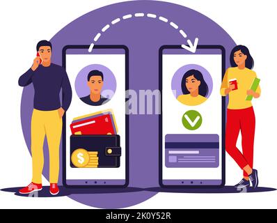 Online-, Transaktions-, Banking-, Finanz- und Digitaltechnologiekonzept. Mann, der Geld per Smartphone übergibt. Vektorgrafik. Flach. Stock Vektor