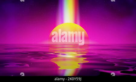 Retro Landschaft Hintergrund Sonnenuntergang 3D Landschaft mit Regenbogenlicht. Futuristischer Landscape 1980s-Style. Digitale Retro-Landschaft, die sich im Wasser spiegelt. 80s Stockfoto