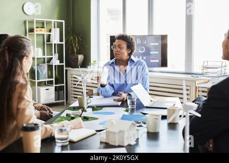 Afrikanische Geschäftsfrau, die bei der Präsentation über neue Energieträger spricht und ihren Kollegen Windmühlenmockup zeigt Stockfoto