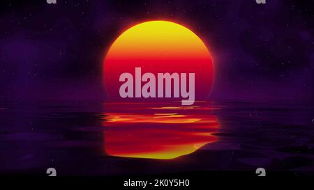 Retro Landschaft Hintergrund Sonnenuntergang 3D Landschaft. Digitale Retro-Landschaft Cyber-Oberfläche. 80s Teilnehmer. Retro Mode Sci-Fi Hintergrund Stockfoto