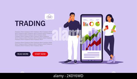 Vorlage für die Landing Page für den Börsenhandel. Unternehmenskompetenz, E-Trading, Datenanalyse. Vektorgrafik. Flach Stock Vektor