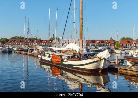 Bunte Holzhäuser in Reitdiephafen in Groningen, Niederlande Stockfoto