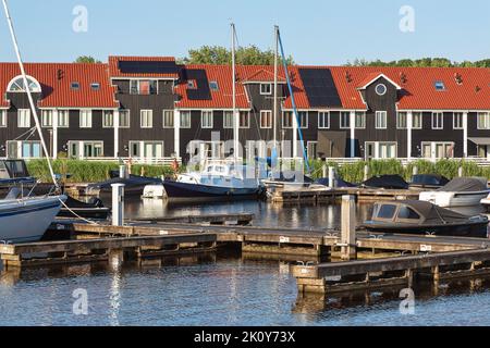 Bunte Holzhäuser in Reitdiephafen in Groningen, Niederlande Stockfoto