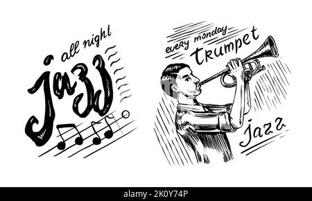 Jazzmusik. Der Mensch spielt ein Musikinstrument. Trompeter Mann mit Instrument. Handgezeichnetes Logo oder Abzeichen. Skizze. Doodle-Vektor-Illustration. Stock Vektor