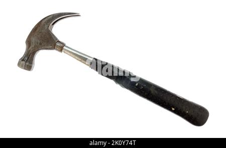 Vintage kleiner Hammer mit schwarzem Klebeband auf dem Griff isoliert auf weißem Hintergrund. Stockfoto