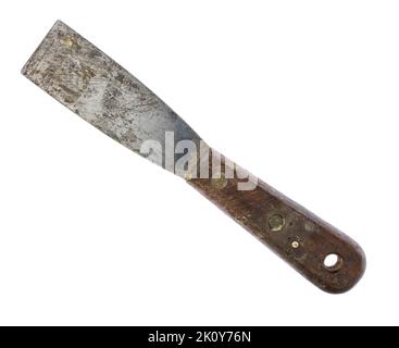 Draufsicht auf ein altes gebrautes Kitt-Messer isoliert auf weißem Hintergrund. Stockfoto