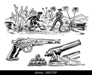 Piraten kämpfen mit Schwertern vor dem Hintergrund einer tropischen Landschaft. Revolver und Kanone. Handgezeichnete Gravur, Vintage-Skizze für Tattoo oder Print Stock Vektor