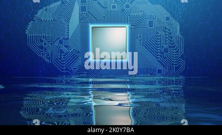 Darstellung der blauen Technologie der Schalttafel des Gehirns. Künstliche Intelligenz menschlichen Gehirn Schaltung. Big Data und Data Science. Stockfoto
