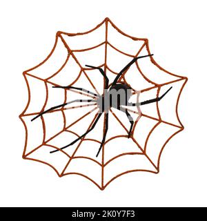 Orangefarbenes Halloween Spinnennetz mit Kunststoffspinne auf weißem Hintergrund. Stockfoto