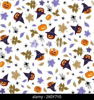 Nahtloses Muster mit Kürbisköpfen in spitzem Hut, Ahornblättern und Spinnen, Halloween festlicher Hintergrund. Heller Druck für Textilien, Postkarten und Design. Vektorgrafik flach Stock Vektor