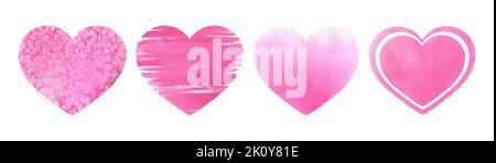 Ein Set aus vier rosa Herzen mit verschiedenen Texturen. Aquarelldarstellung. Isolierte Objekte aus einem großen VALENTINSTAG-Set. Für Dekoration, Design Stockfoto