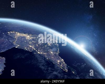 Indien bei Nacht aus dem All betrachtet, mit Stadtlichtern, die Aktivitäten in indischen Städten, Delhi, Mumbai und Bengalore zeigen. 3D Rendern des Planeten Erde. Elemente für Stockfoto